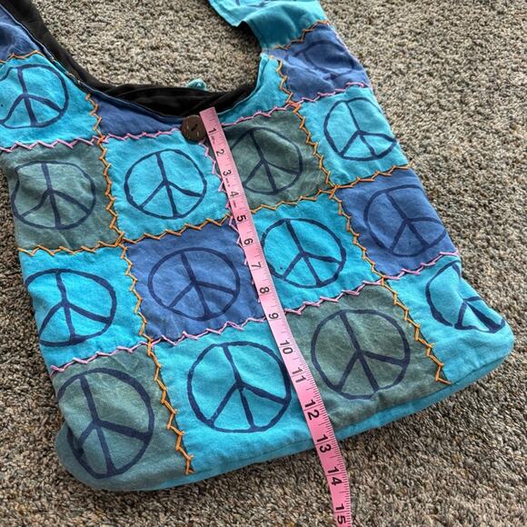 Handmade Hippie Nepal Boho Crossbody Shoulder Bag Purse Blue Peace Signs Zipper - Picture 10 of 12